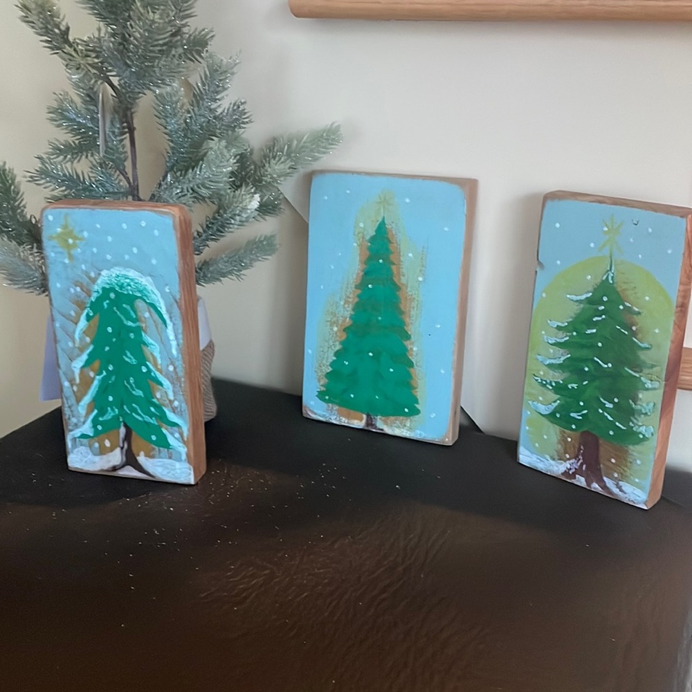 Hand painted wooden tree signs for shelf decor.